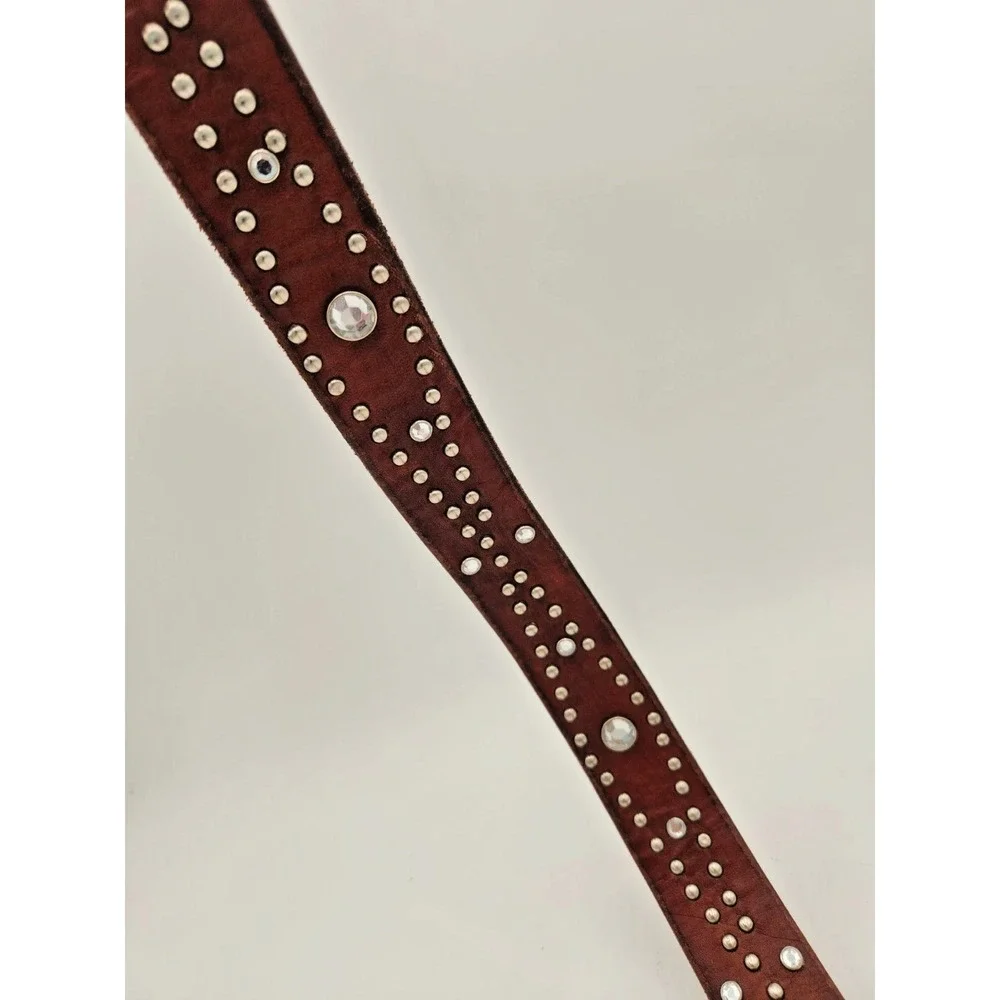 American Eagle Brown 100% Leather Belt Western Hippy Studded Womens M Rhinestone